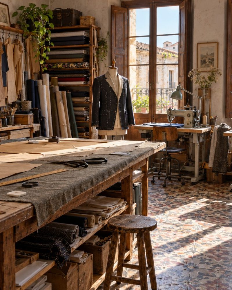 Taller de sastrería con mesa de corte, patrones colgados y rollos de tela