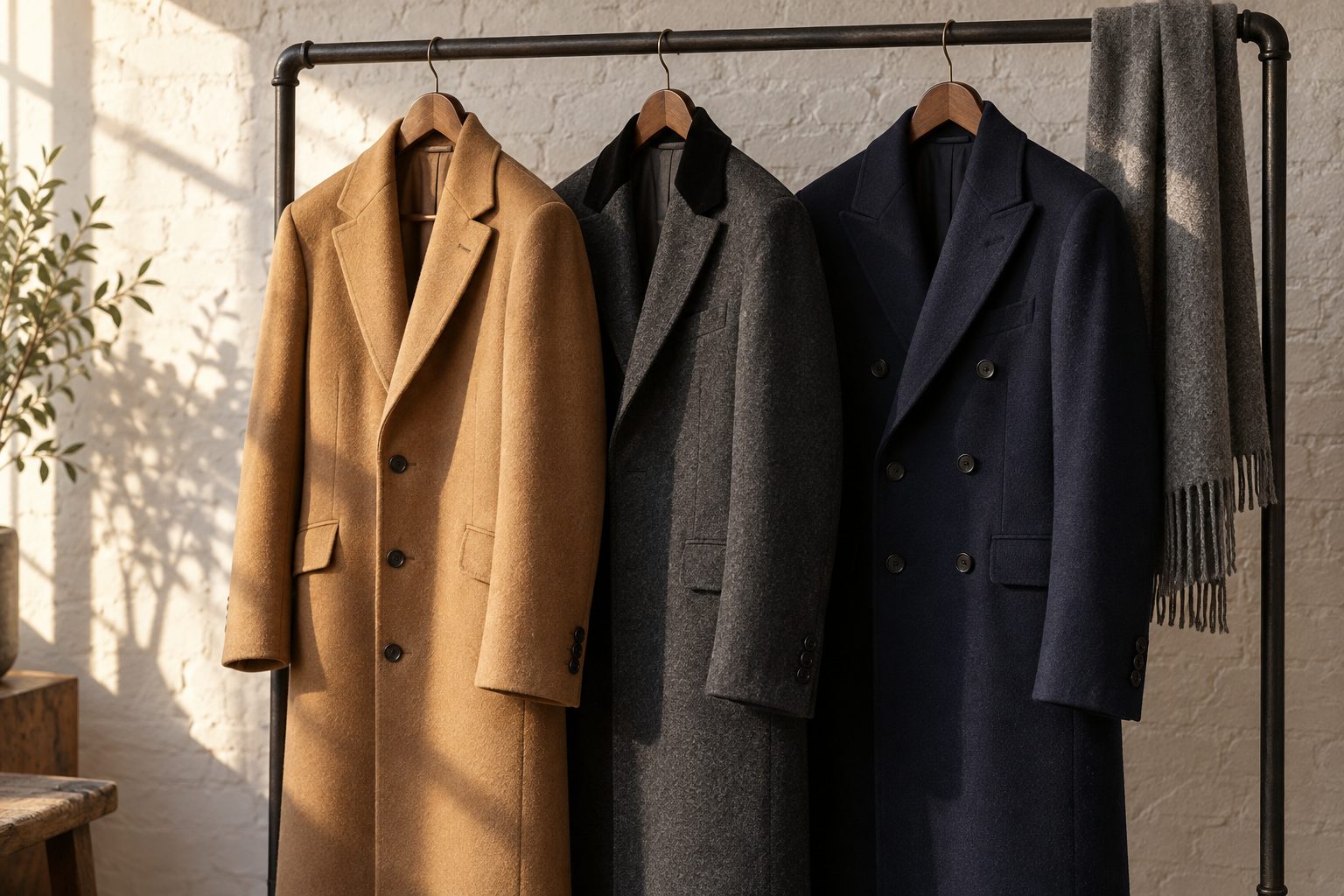 Abrigo polo camel, Chesterfield gris y abrigo cruzado azul marino en un perchero