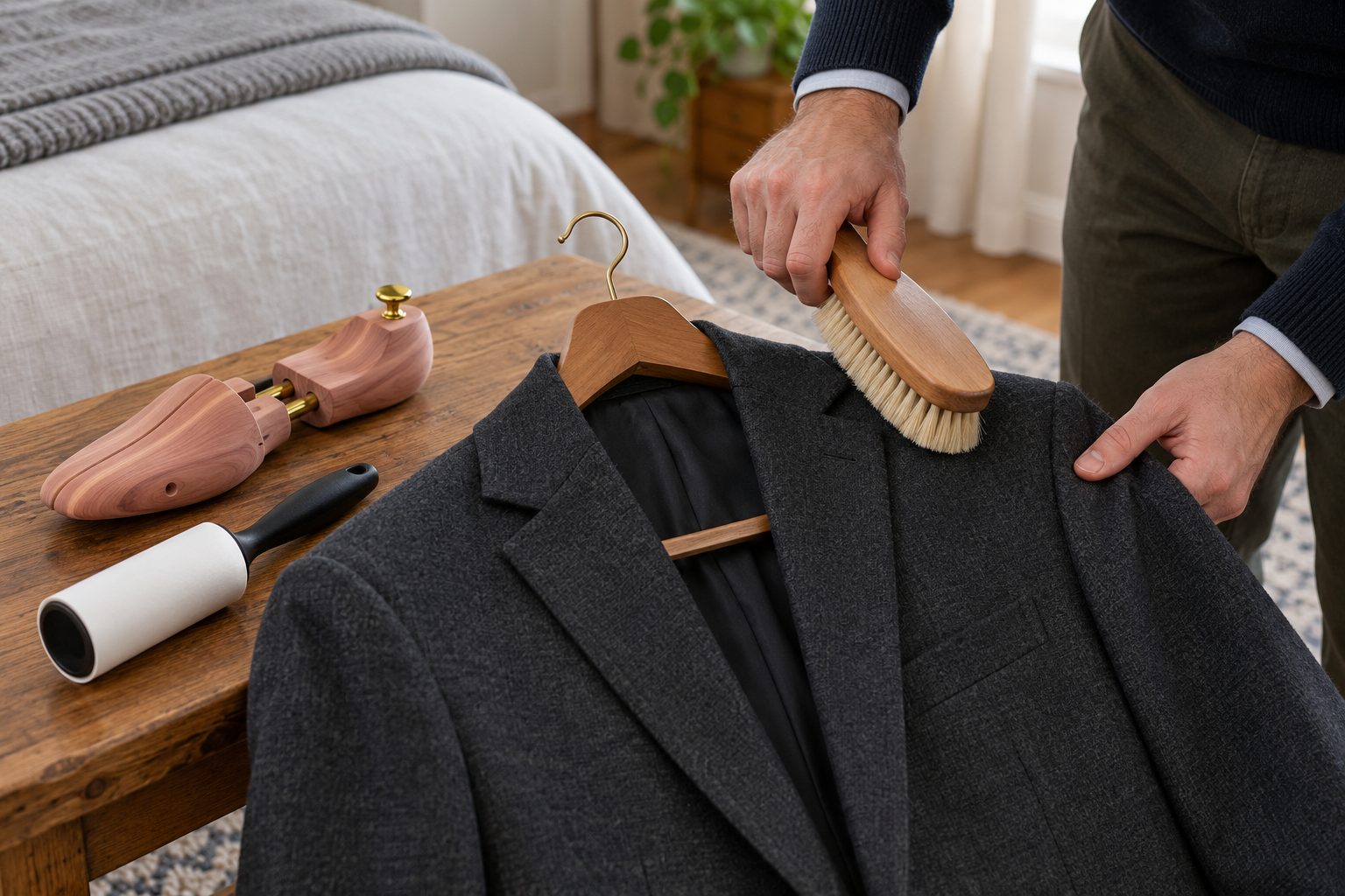 Cepillando el hombro de una chaqueta de lana con un cepillo de cerdas naturales