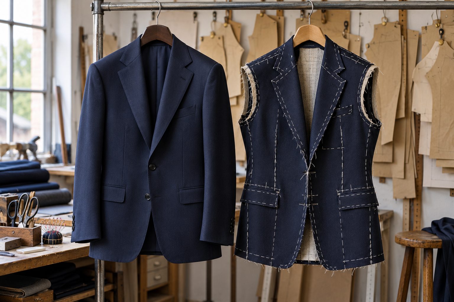 Dos chaquetas azul marino, una terminada y otra hilvanada, en el burro del taller