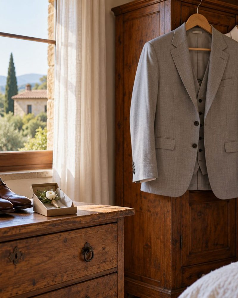 Traje de novio gris claro colgado junto a la ventana la mañana de la boda
