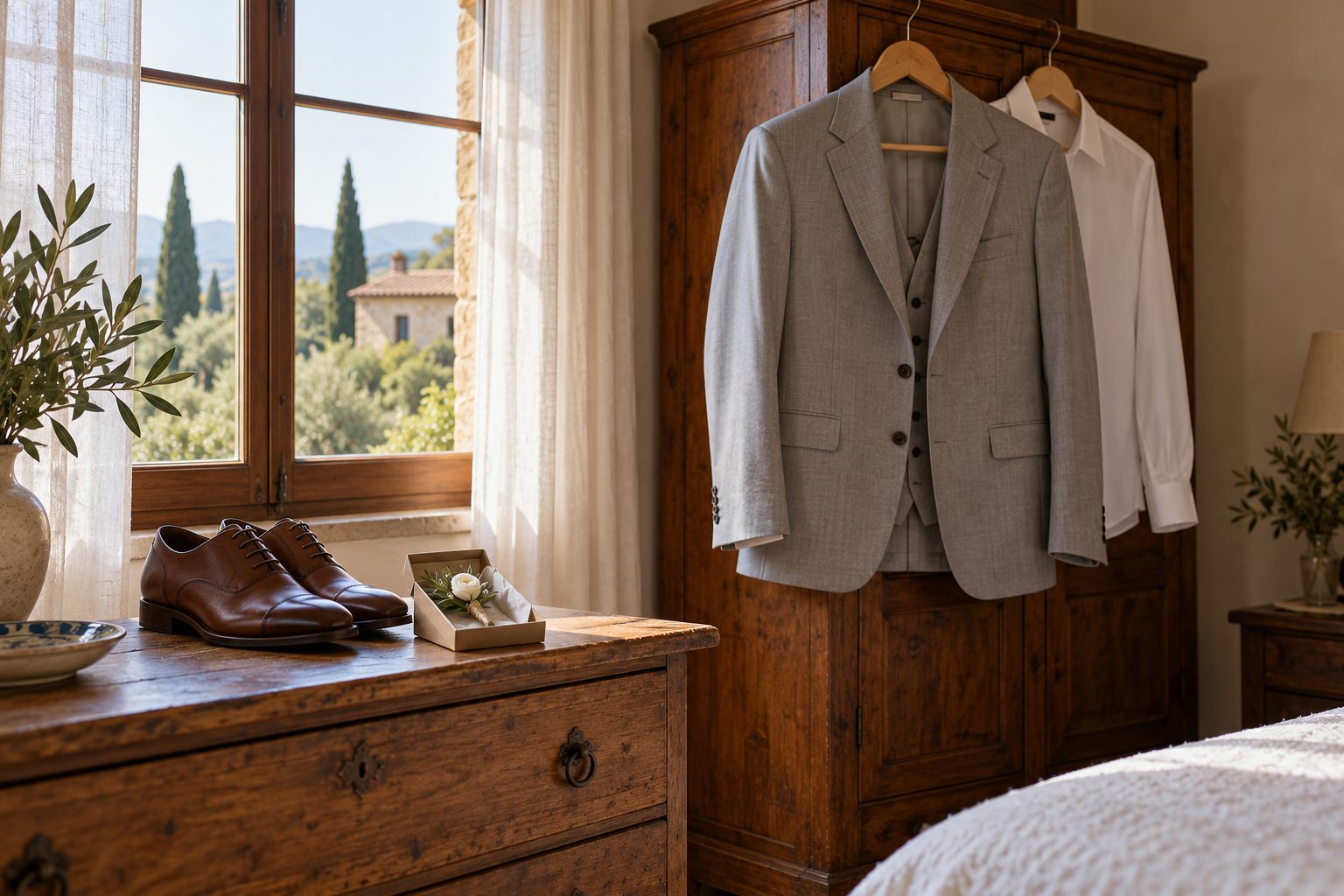 Traje de novio gris claro colgado junto a la ventana la mañana de la boda