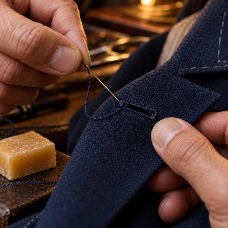 Ojal cosido a mano en la solapa de una chaqueta azul marino