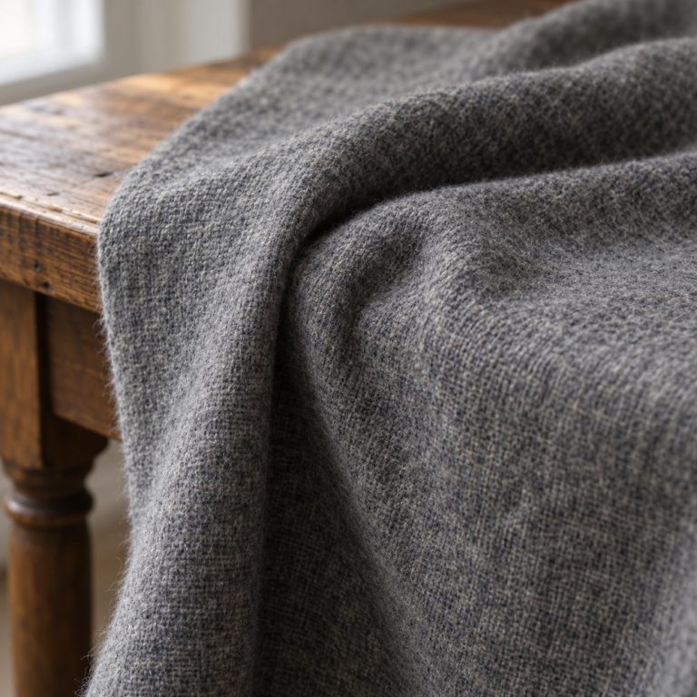 Franela de lana gris medio sobre una mesa de madera