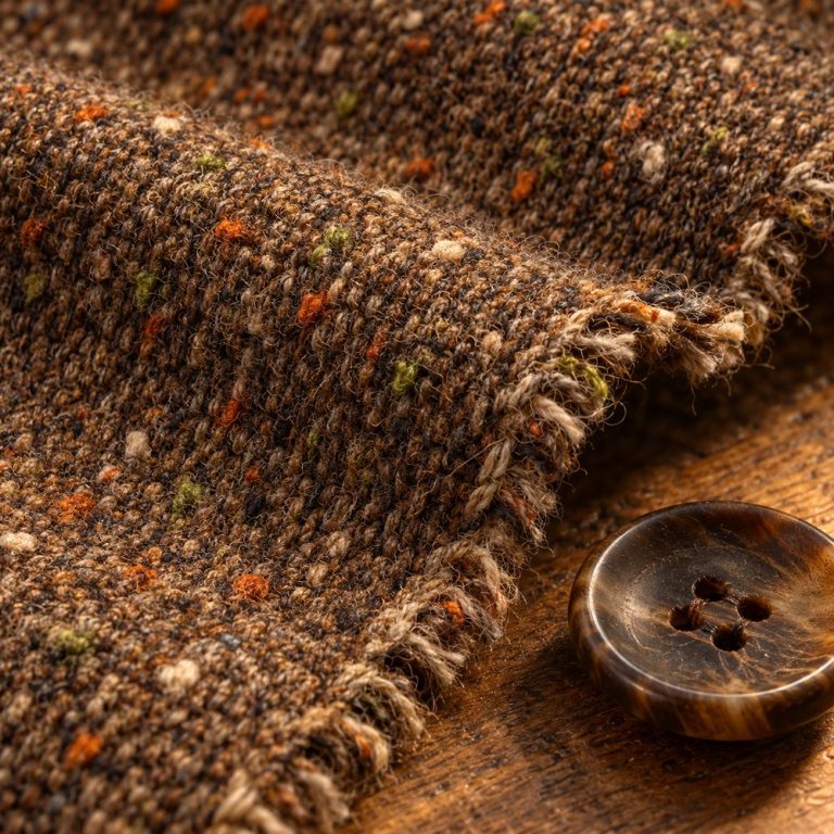 Tweed Donegal marrón con motas de colores y botón de asta