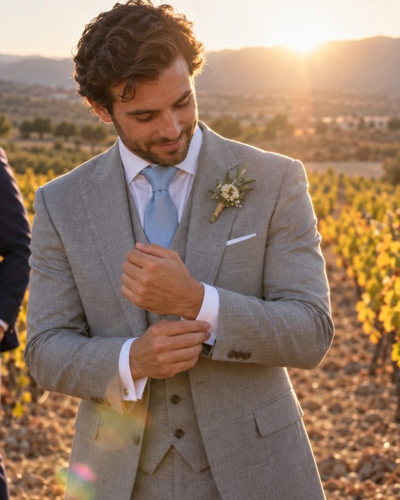 Novio con traje gris claro de tres piezas entre viñedos en otoño