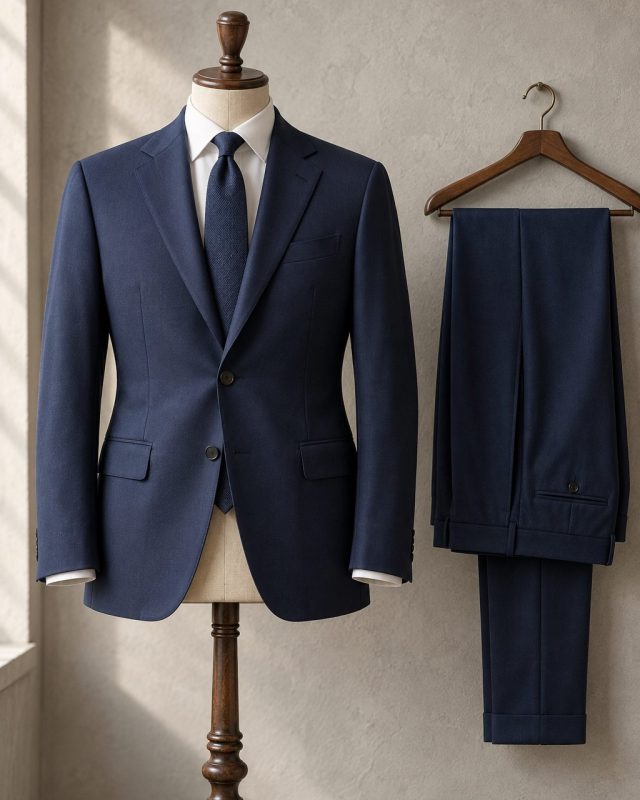 Traje azul marino de lana Super 120's sobre maniquí de madera