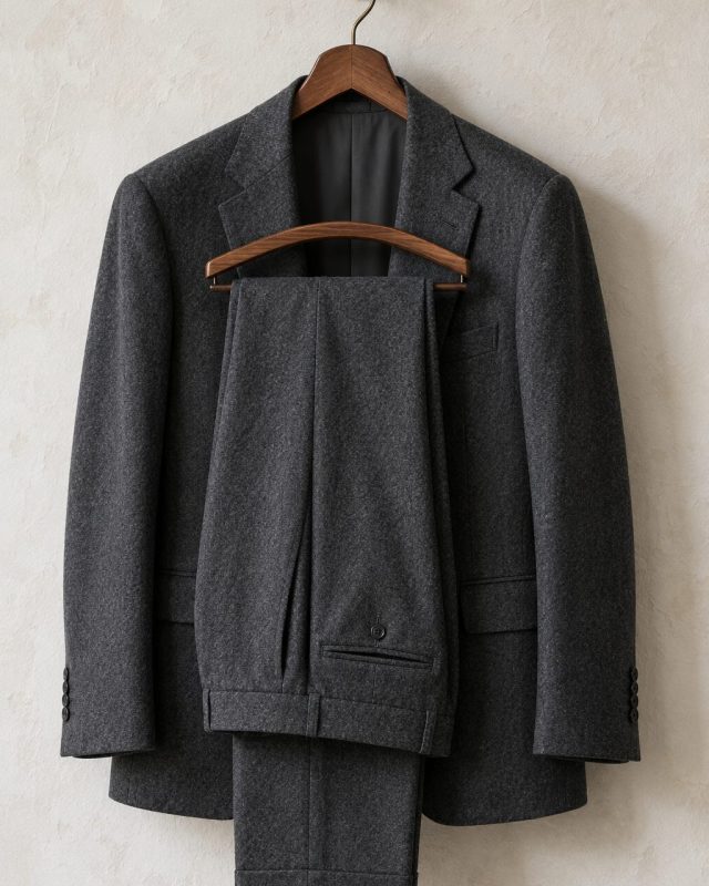 Traje gris marengo de franela colgado en percha de madera