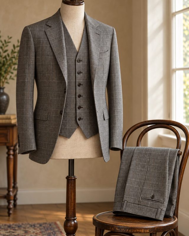 Traje de tres piezas Príncipe de Gales gris con chaleco