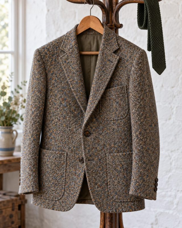 Americana de tweed Donegal con bolsillos de parche en un perchero de madera