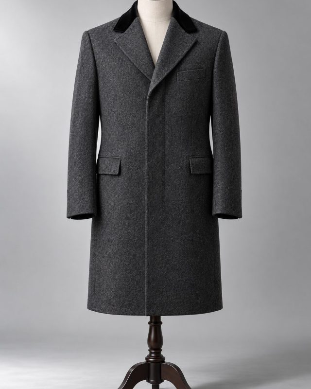 Abrigo Chesterfield gris marengo con cuello de terciopelo negro