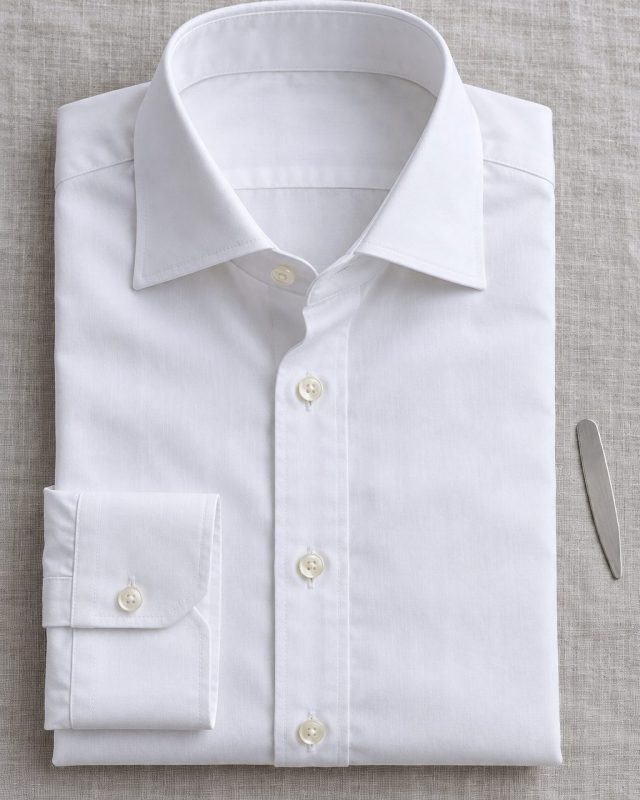 Camisa blanca de popelín doblada con cuello italiano