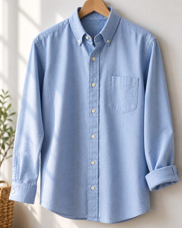 Camisa Oxford azul claro con cuello abotonado en percha