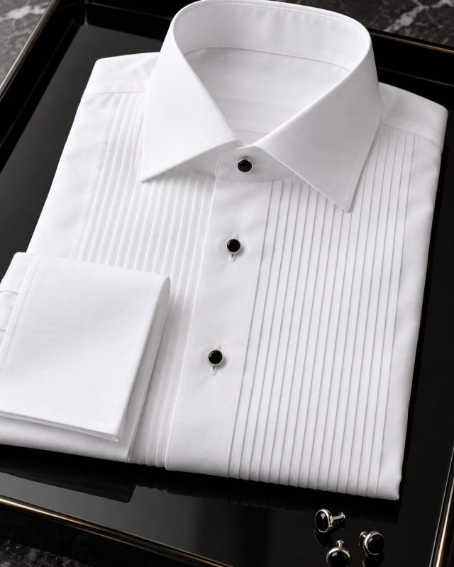 Camisa de esmoquin blanca con pechera plisada y botones de ónice