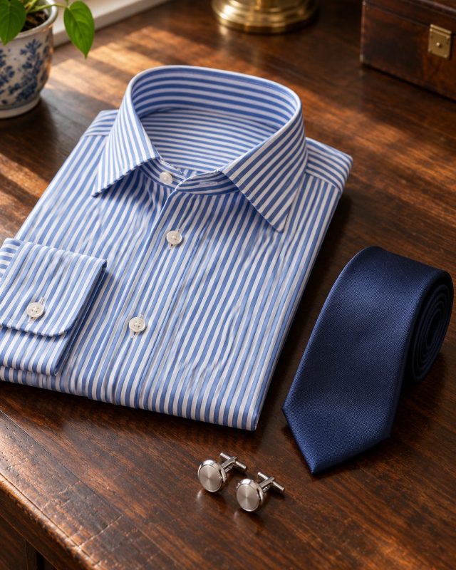Camisa de rayas bengala azul y blanca doblada con corbata