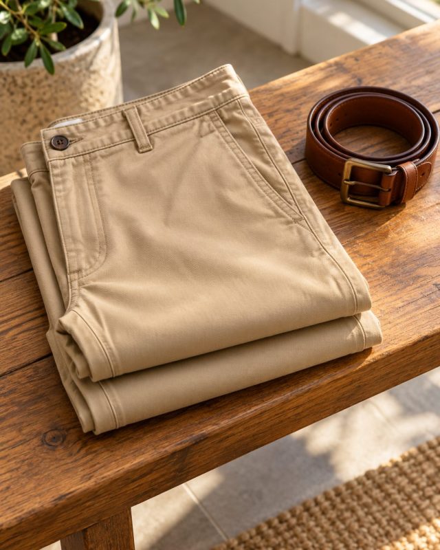 Pantalón chino beige doblado junto a un cinturón de piel
