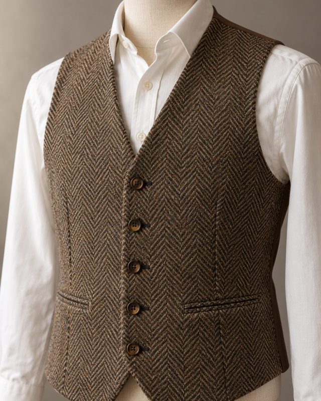 Chaleco de tweed espiga marrón con botones de asta