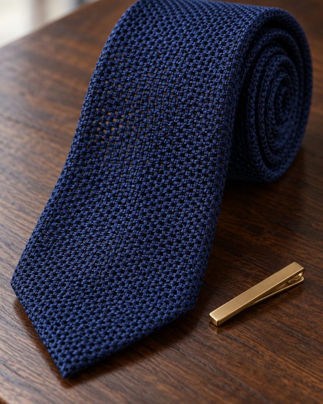 Corbata de grenadina de seda azul marino sobre madera de nogal