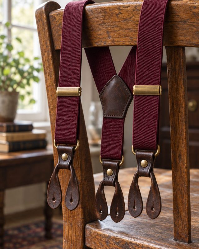 Tirantes burdeos con terminales de piel colgados de una silla
