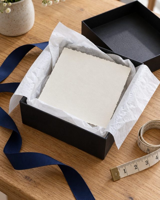 Caja regalo negra con papel de seda y tarjeta en blanco