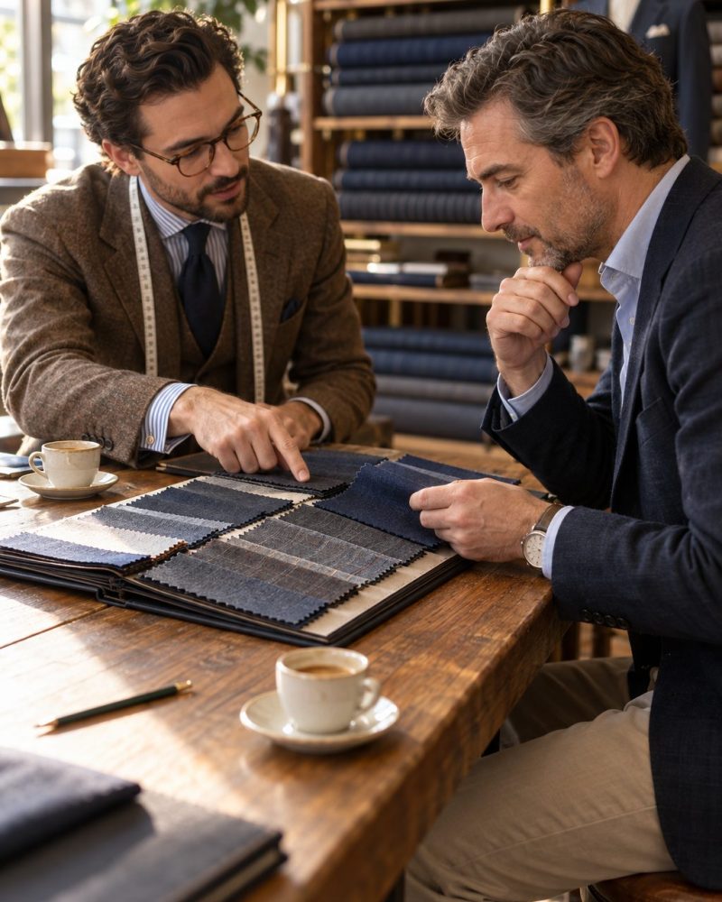 Sastre y cliente eligiendo tejido en un muestrario durante la primera cita