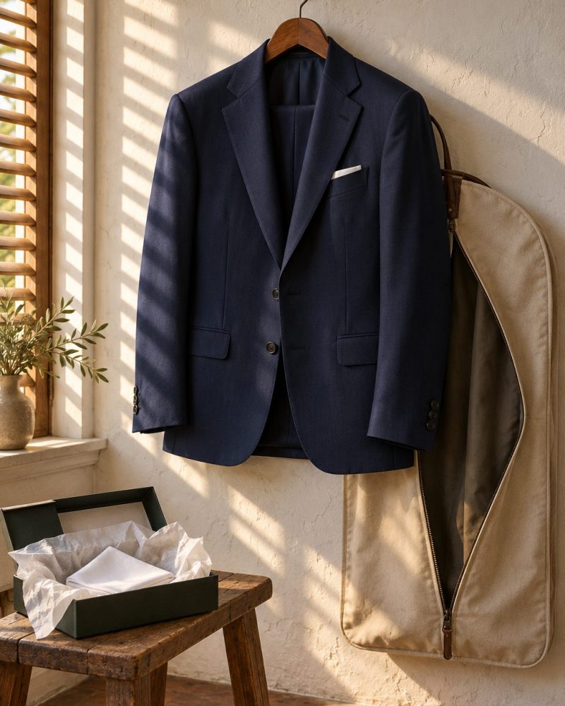 Traje azul marino terminado colgado en una percha de madera listo para la entrega