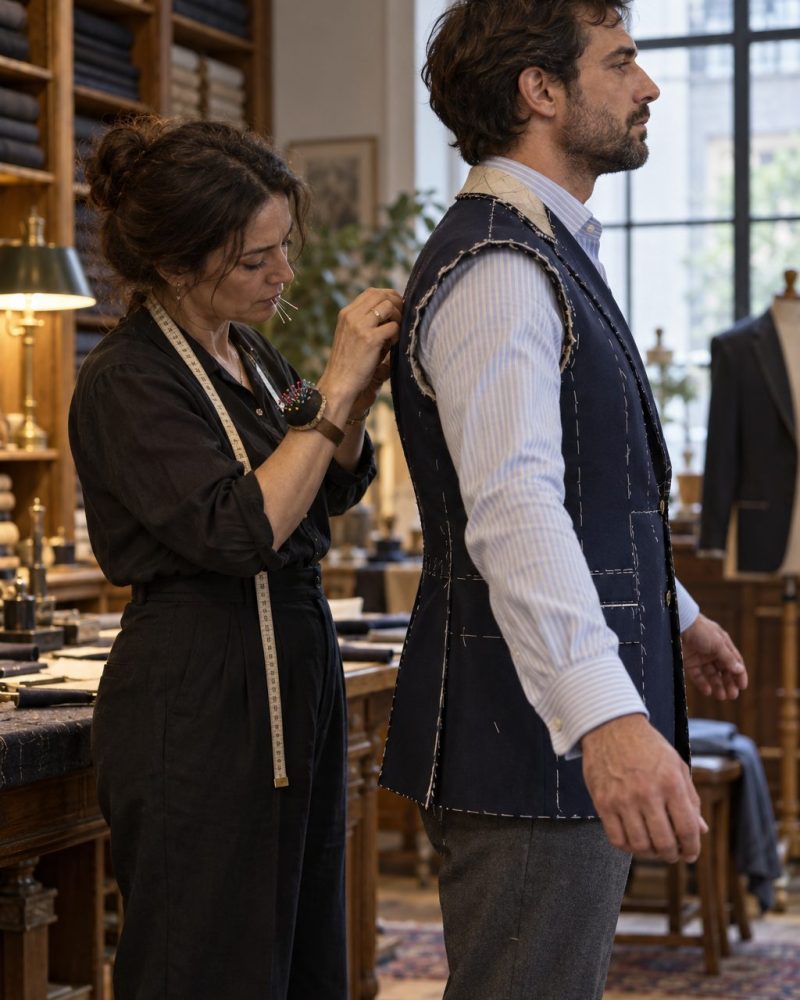 Prueba de una chaqueta hilvanada frente al espejo del atelier