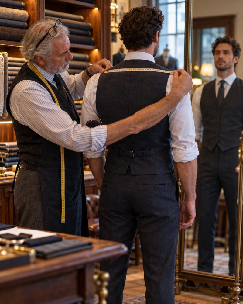 Sastre tomando la medida de hombros a un cliente frente al espejo