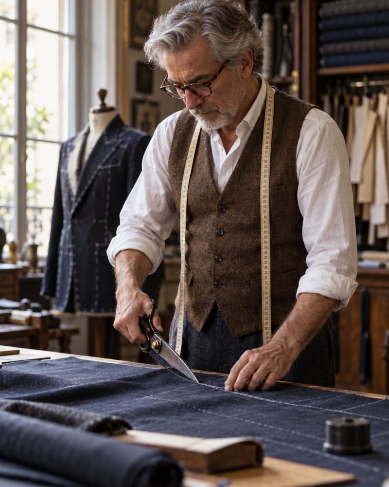 Maestro sastre con cinta métrica al cuello junto a la mesa de corte